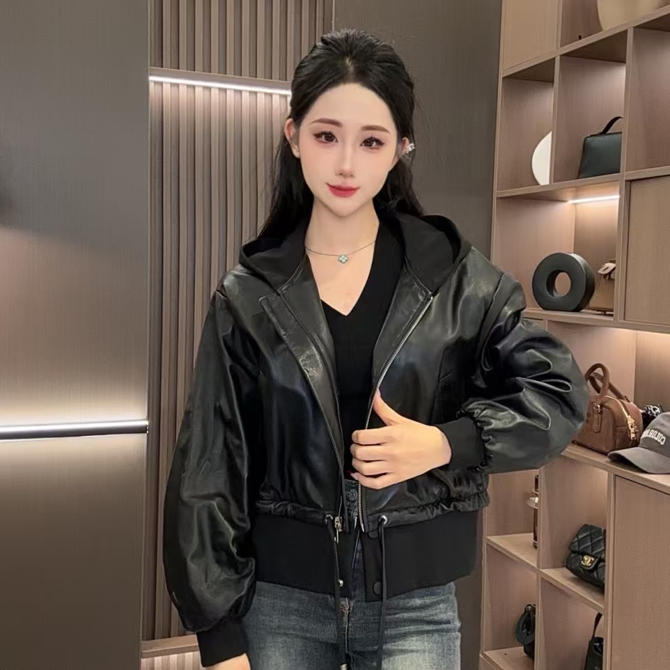 【七月推荐】复古工装风连帽皮夹克外套女-QIYUE-822