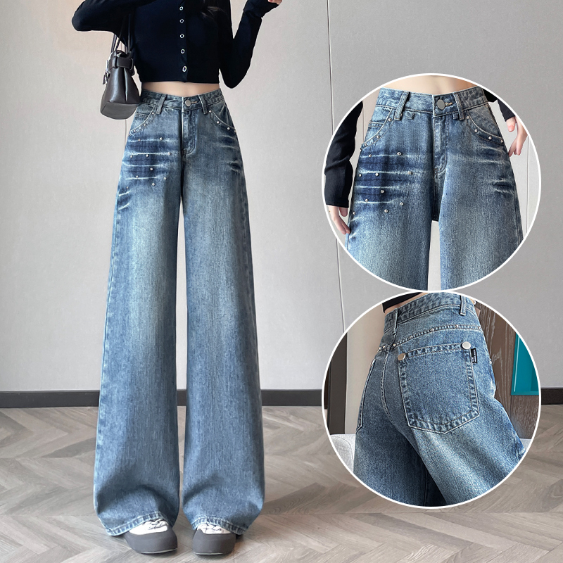 喜绚带钻牛仔直筒裤女2025秋季梨型身材高腰宽松显瘦辣妹阔腿裤女