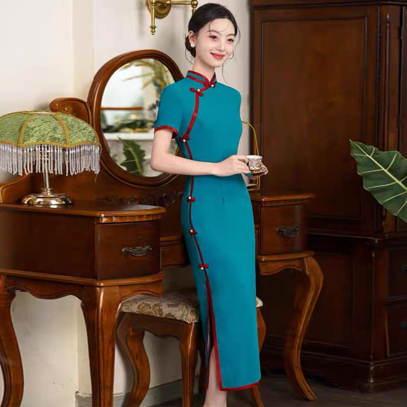 2025夏季新款蓝色旗袍长款短袖气质优雅修身显瘦复古中国风演出
