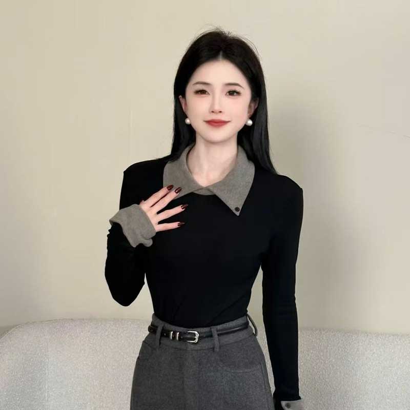 【漫步巴黎】设计感翻领拼接长袖T恤女秋冬加绒加厚打底衫上衣8810