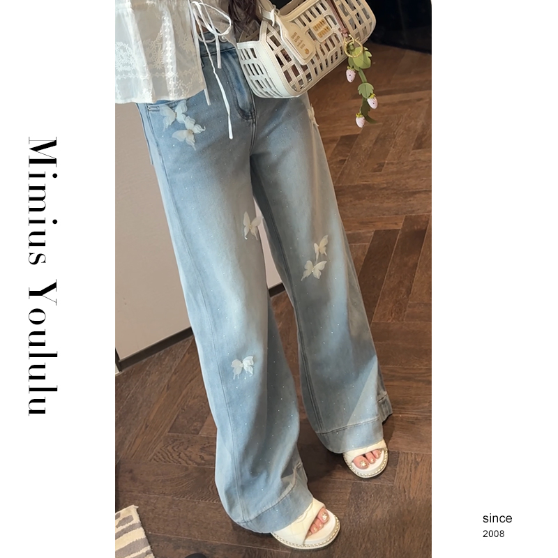【mimius】Q 韩系百搭烫钻立体蝴蝶直筒牛仔裤 WG05009