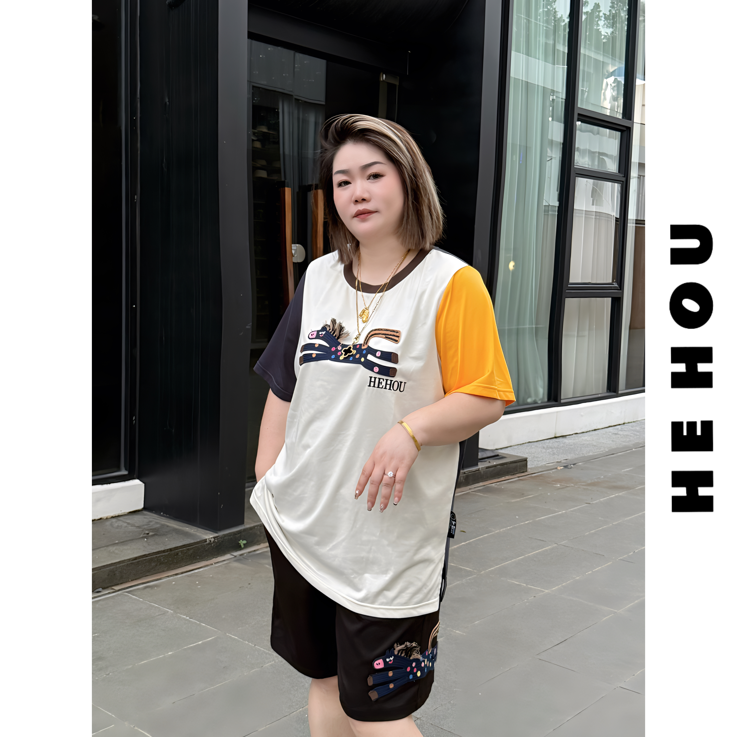 507707 和后大码 显瘦百搭拼接百搭休闲时尚设计感宽松T恤