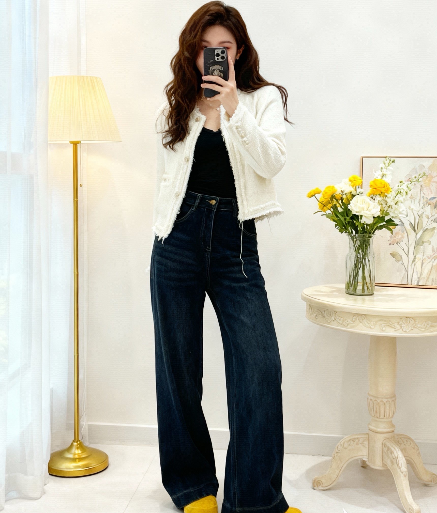 【mk1348】韩版做旧加绒直筒牛仔裤冬季新款高腰宽松垂感气质显瘦