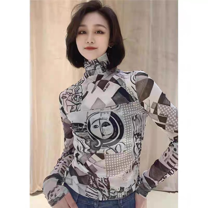 no退no换阿家时尚百搭修身显瘦高领长袖字母印花纱质T恤