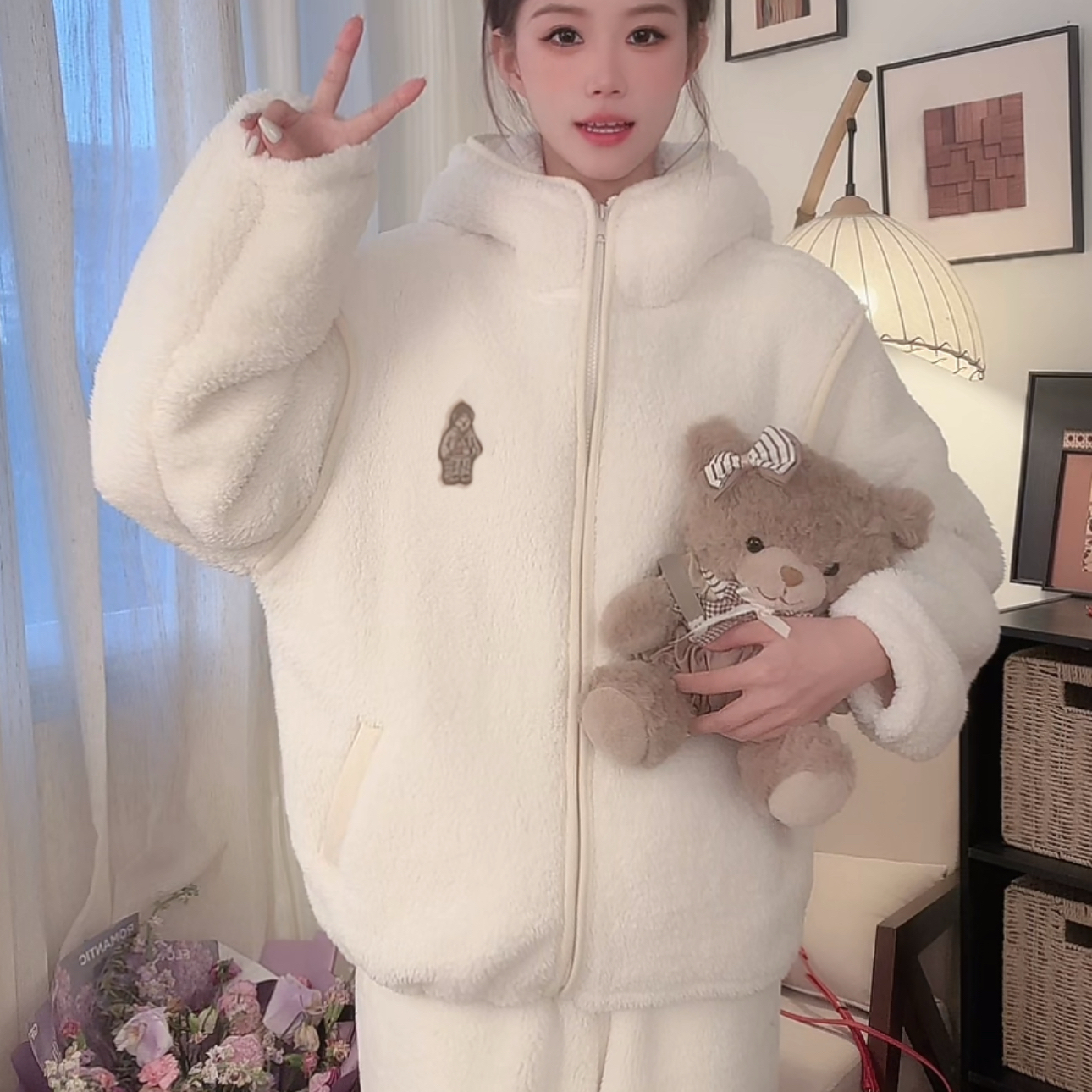 专柜超厚拍一发二上衣+裤子一套小熊睡衣情侣男女款加厚家居服