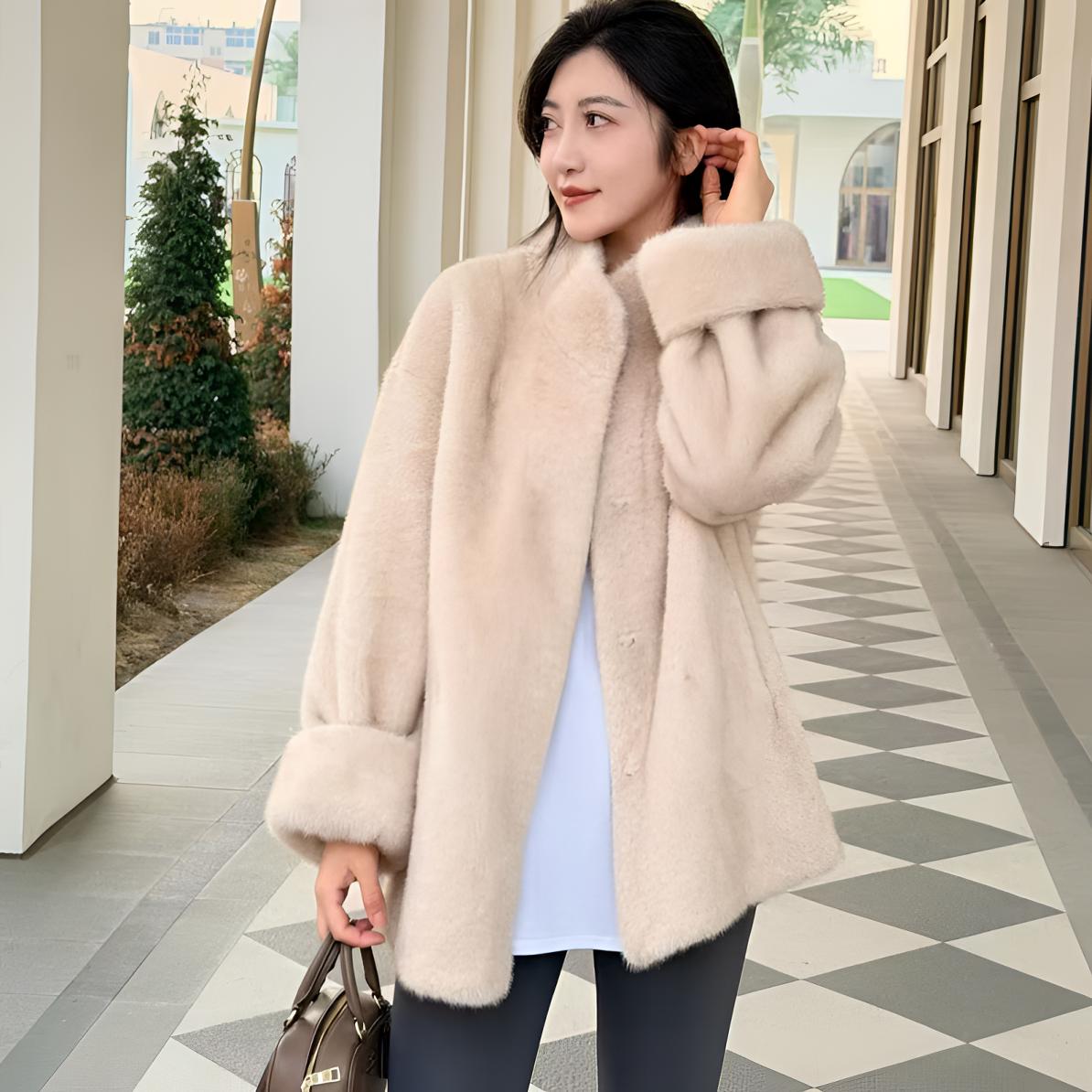 王果果 松弛感～大挽袖宽松慵懒风百搭保暖极简风双色毛毛外套女冬