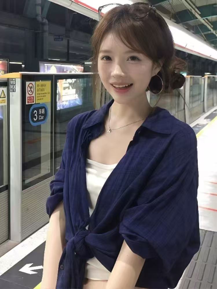 薄款深蓝色磨毛格子长袖衬衫女夏季慵懒宽松休闲防晒衬衣外套上衣
