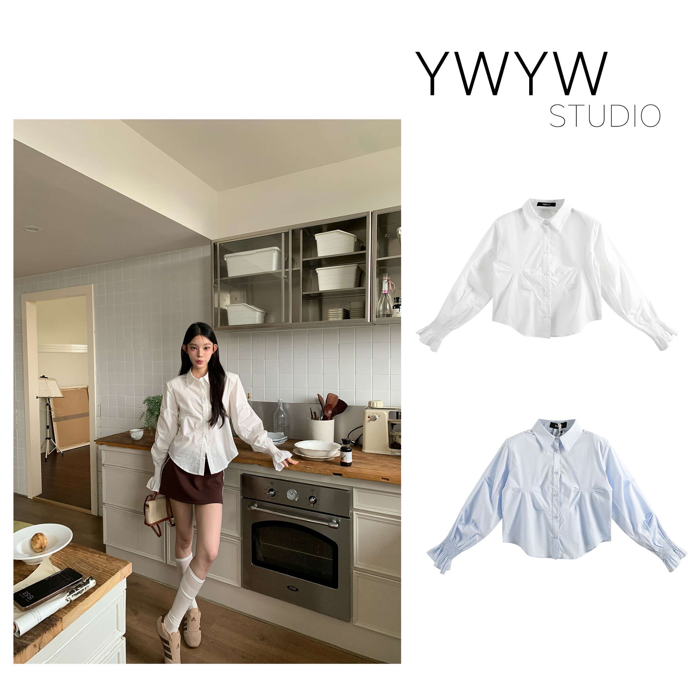 【YWYW25F/W】秋季百搭纯色翻领收腰花瓣长袖衬衫5362