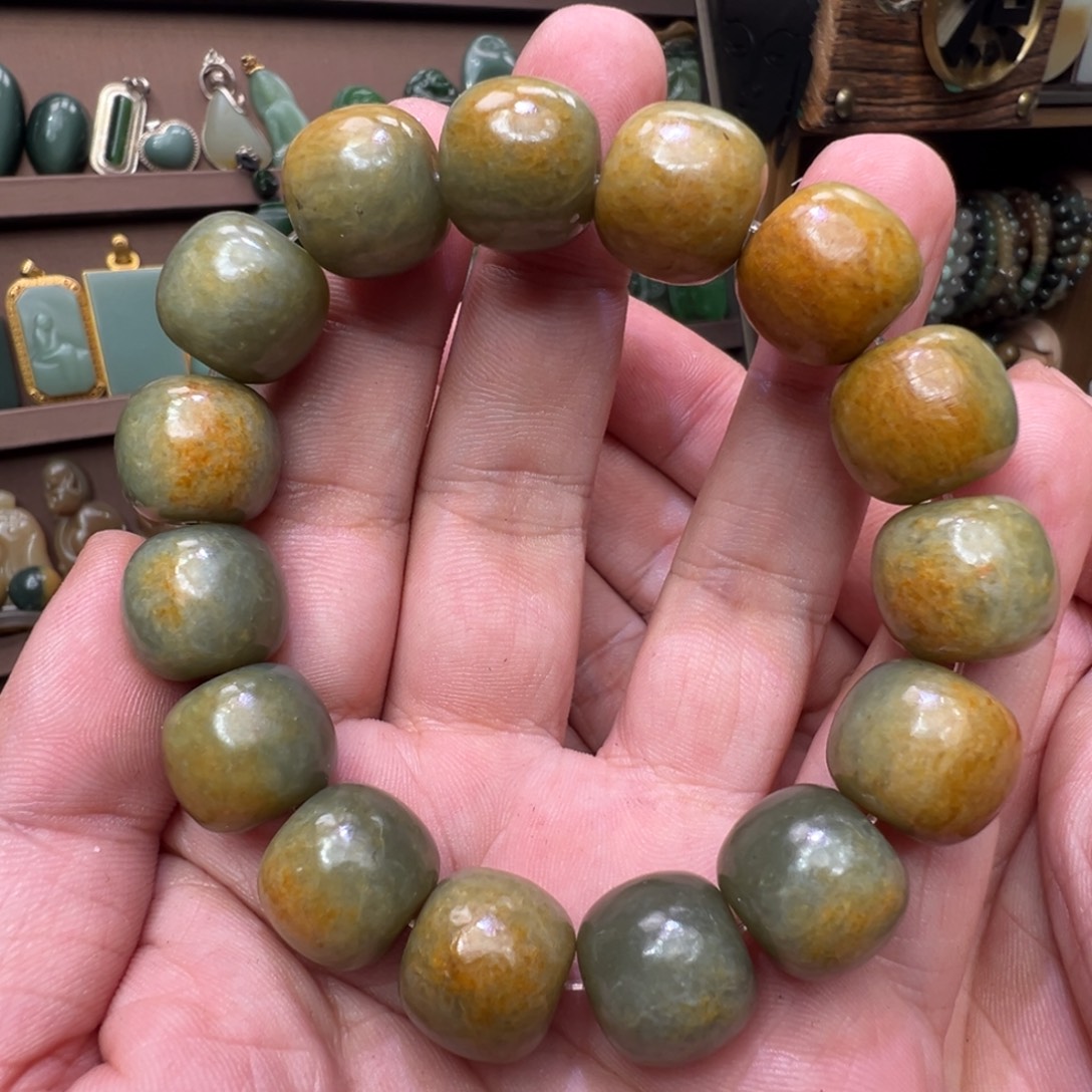和田玉未镶嵌手串大漏河磨玉段树林皮16mm老型爆油料有微欠口