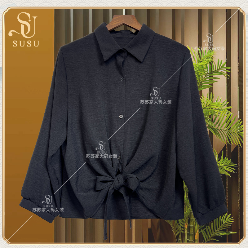 203#1773-黑色翻领系带衬衫-F/百搭高级时尚衬衫