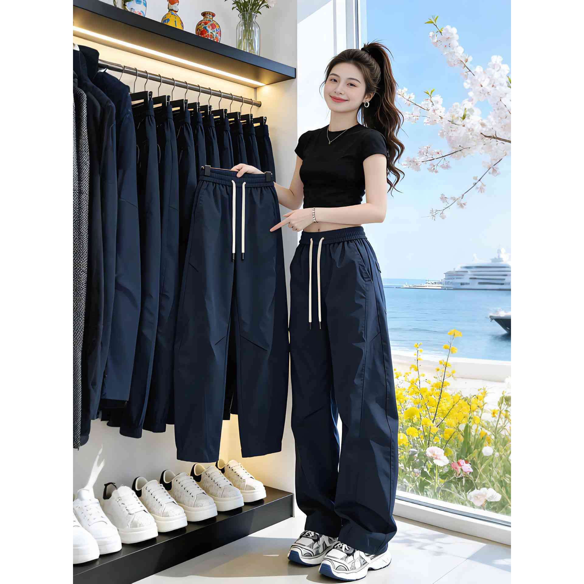 藏青色美式斜切冲锋裤工装裤子男女款秋季防风直筒户外休闲商品图