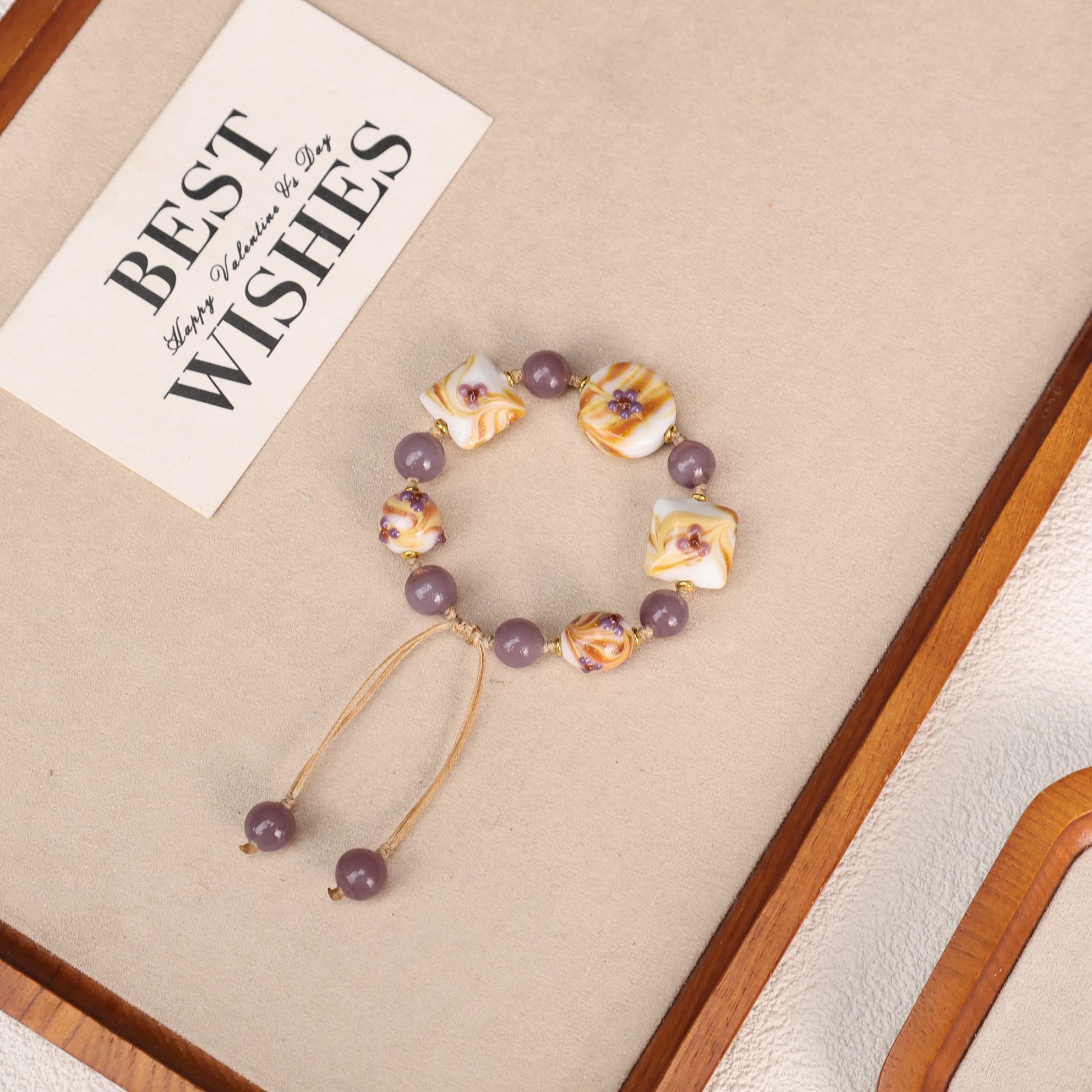 琉璃手链 LZ5270-3焦糖色黄色老珠子极光粉紫琉璃手链