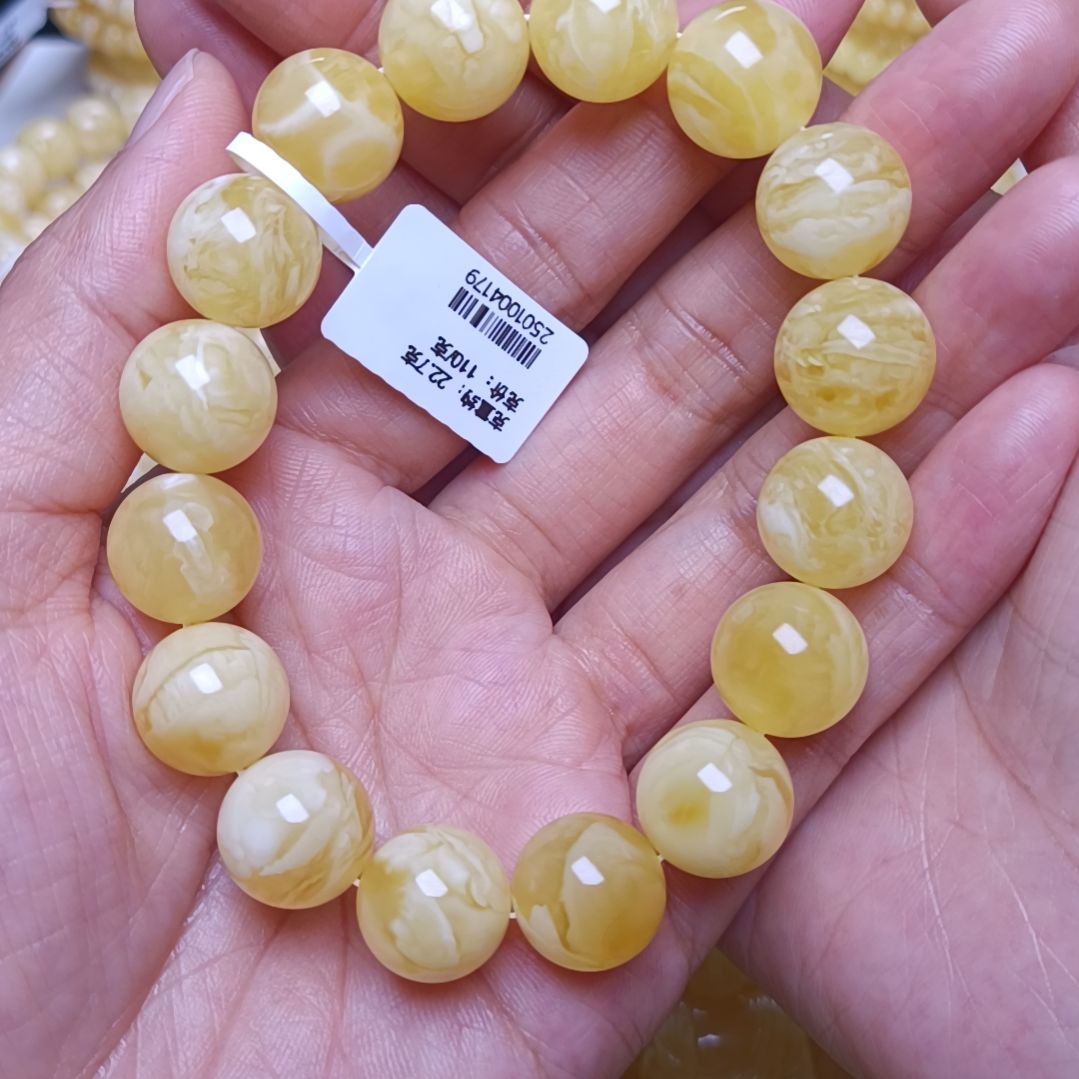 蜜蜡手串未镶嵌湄*俄料蜜蜡金白妖花手串