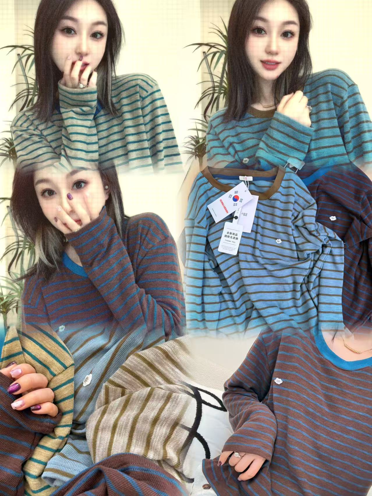 【韩国egg 】秋季慵懒感韩系百搭撞色条纹长袖琥珀琉光穿搭a