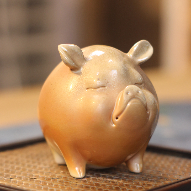 柴烧茶宠傲娇猪摆件雕塑生肖茶具创意款陶瓷小猪桌面装饰品客厅