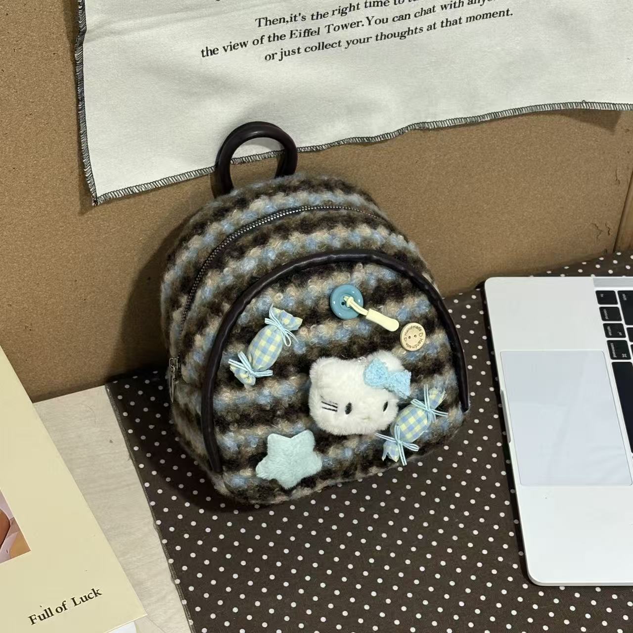 JuanJuan自制小众原创可爱风条纹双肩包E451