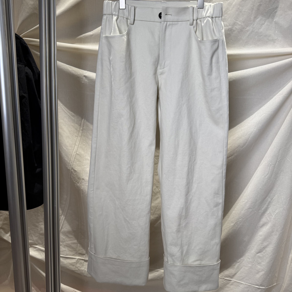 裤脚翻边370克重白色水洗纯棉休闲裤