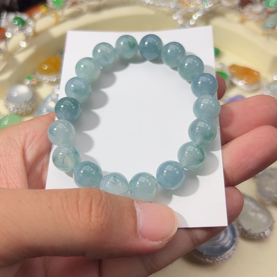 翡翠未镶嵌手链牛仔蓝冰飘花翡翠手串