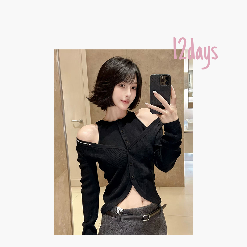 12days | ANN假两件刺绣羊毛针织长袖开衫（黑&灰）正确版 | 25185