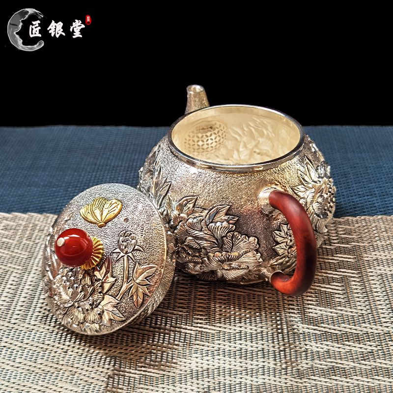 银壶纯银999泡茶壶银茶具银茶壶高浮雕复古纯手工收藏高档家用