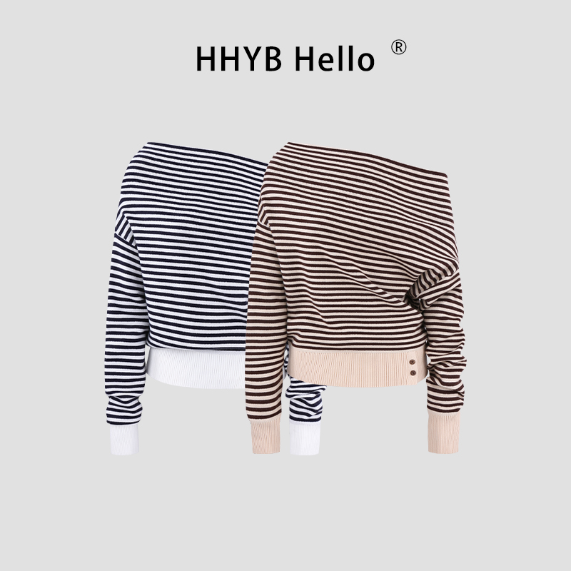HHYB Hello复古设计感一字肩条纹韩系休闲针织毛衣上衣M1681