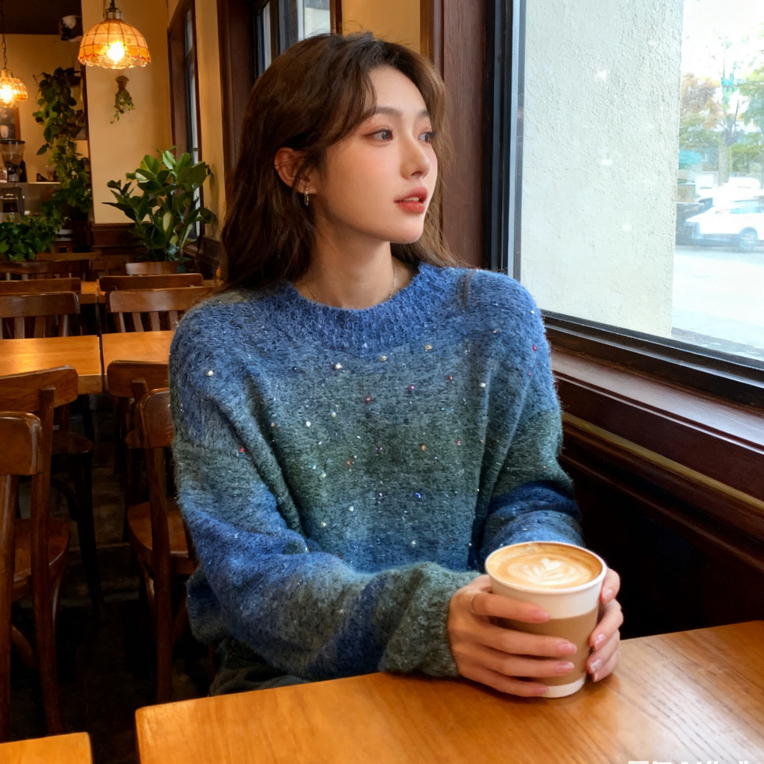 【36%羊驼毛】2025小香风渐变晕染羊驼毛拉毛重工钉珠设计慵懒毛衣