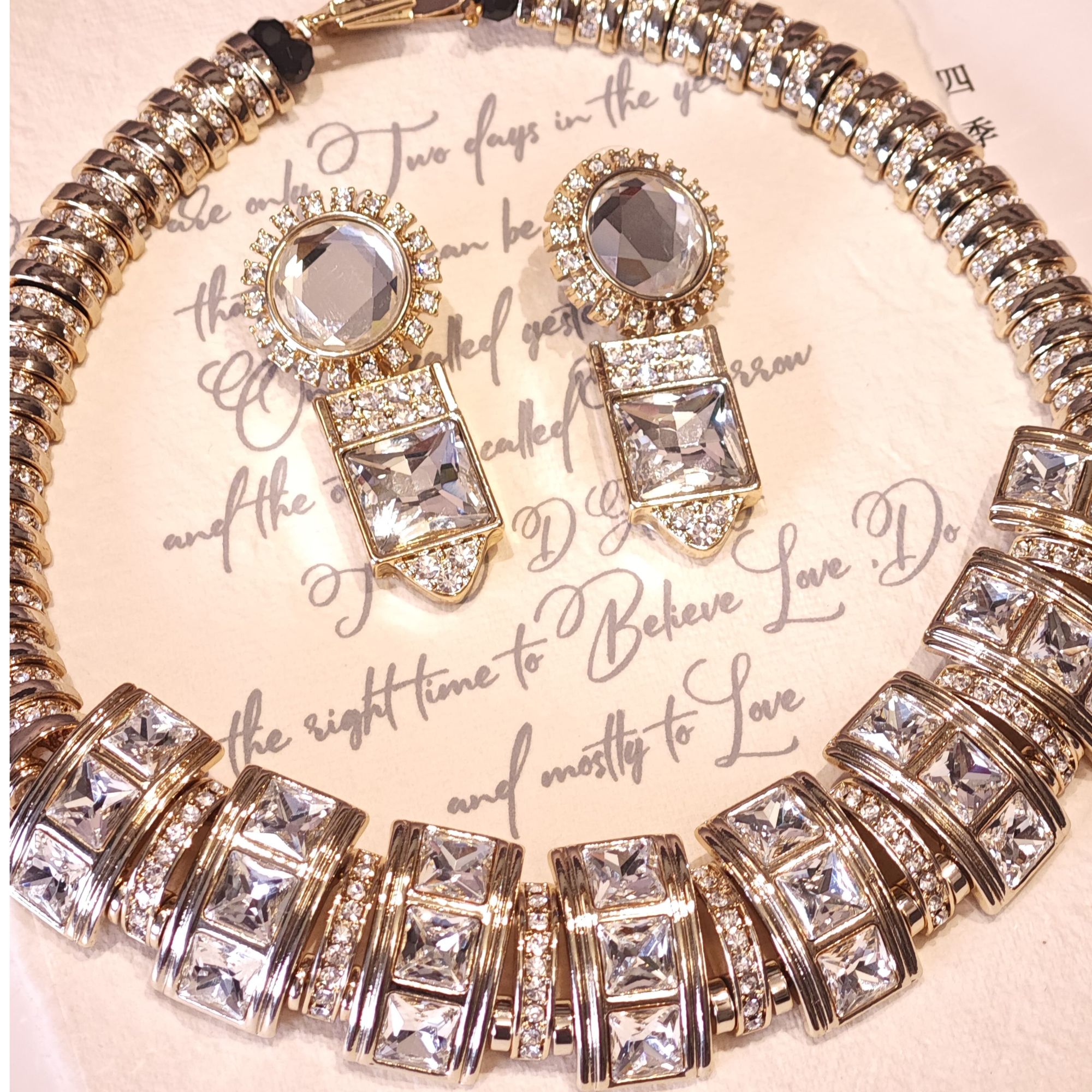 铜合金玻璃项链 中古vintage重工choker切割项链耳针