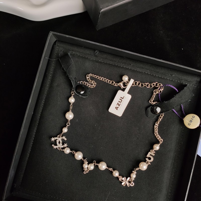 95新 Chanel/香奈儿 Azul-23P银色多元素满钻吊坠珍珠链项链53363