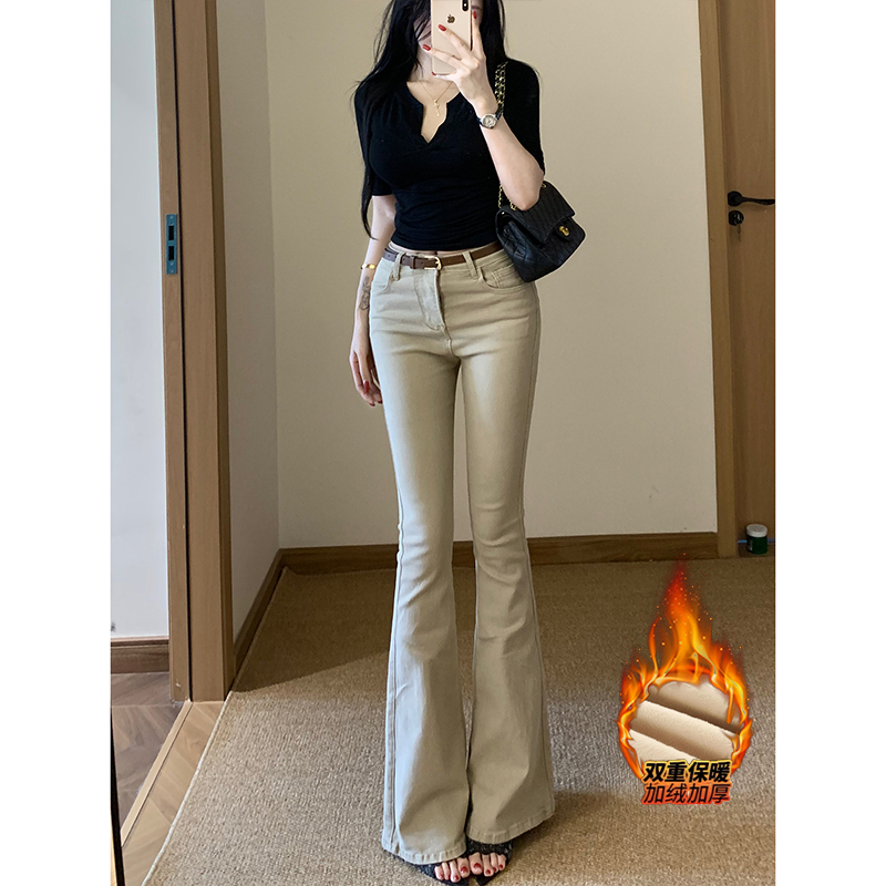 加绒老钱风复古卡其色简约微喇牛仔裤女2025冬季新款高腰显瘦长裤