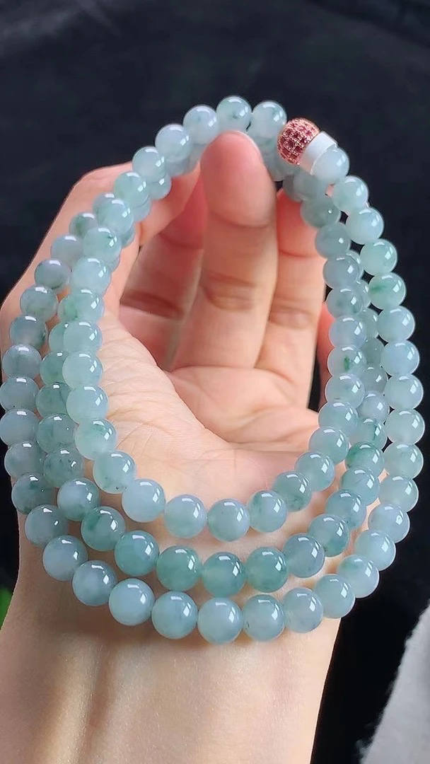 天然缅甸A货翡翠玉石珠宝老坑冰胶飘蓝花圆珠项链j卡6.8mm108颗