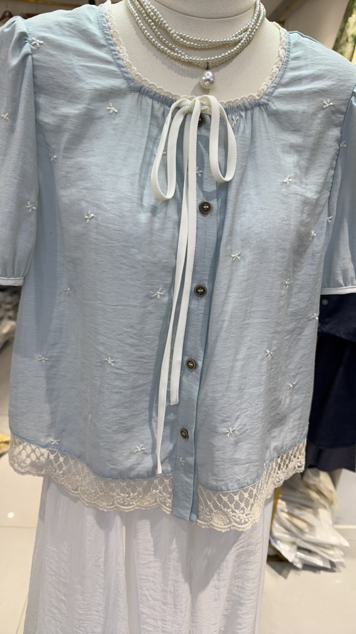 法式拼接夏季短袖薄款短款衬衫时尚娃娃衫蕾丝雪纺衫针织长袖