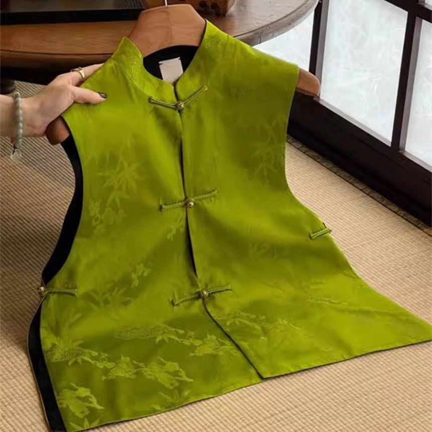 洋气新中式国风绿色盘扣提花女新中式国风女装复古风国风新款马甲