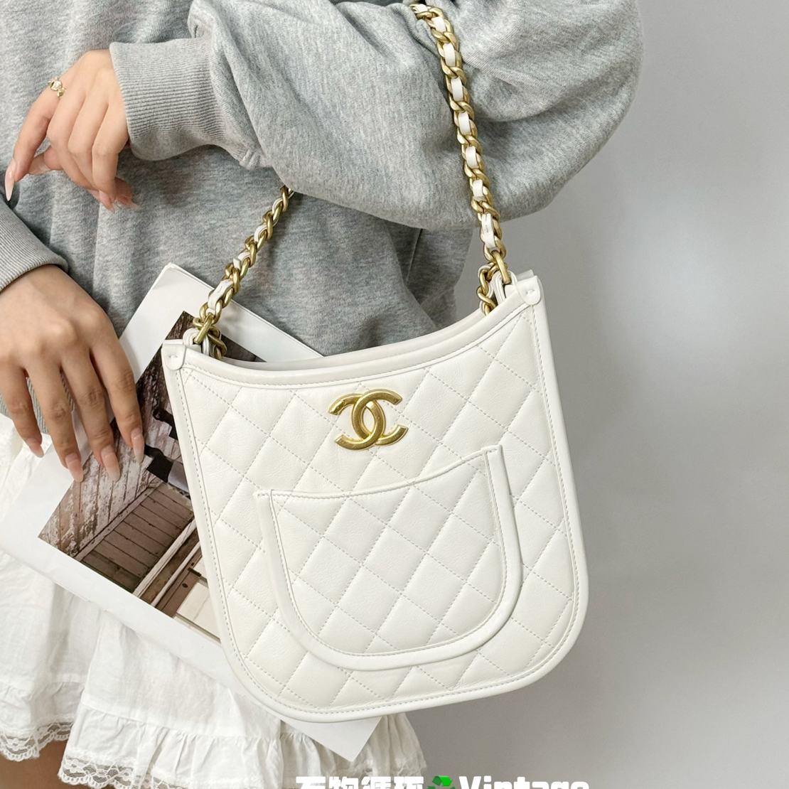 95新 Chanel/香奈儿 24s 白金竖版伊芙琳hobo
