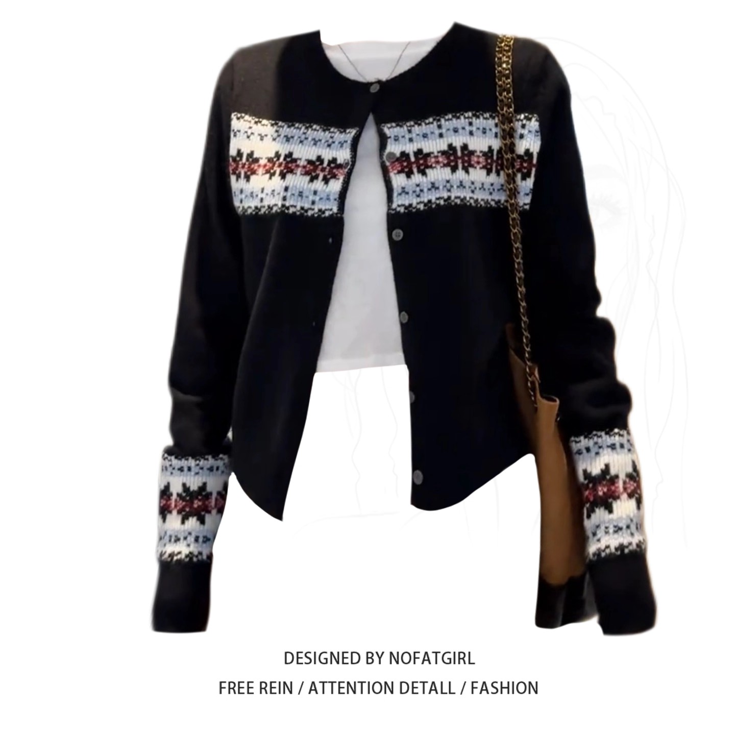 大码胖MM费尔岛风黑色针织开衫女秋季长袖修身显瘦气质设计感上衣