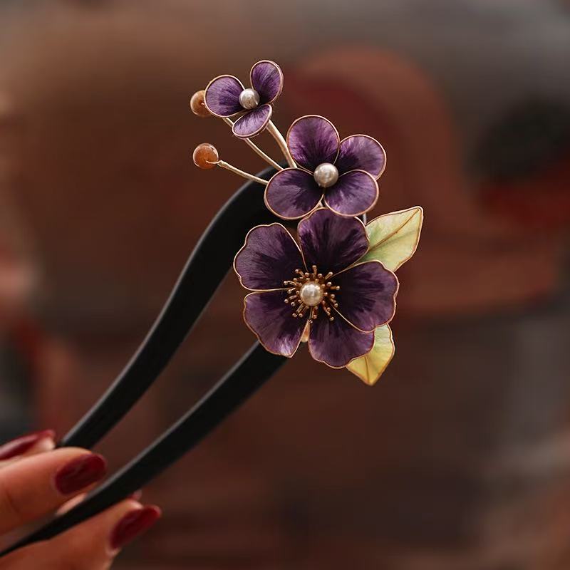 现货新款国风非遗掐丝蚕丝绒花檀木发簪发饰复古旗袍配饰古风头饰