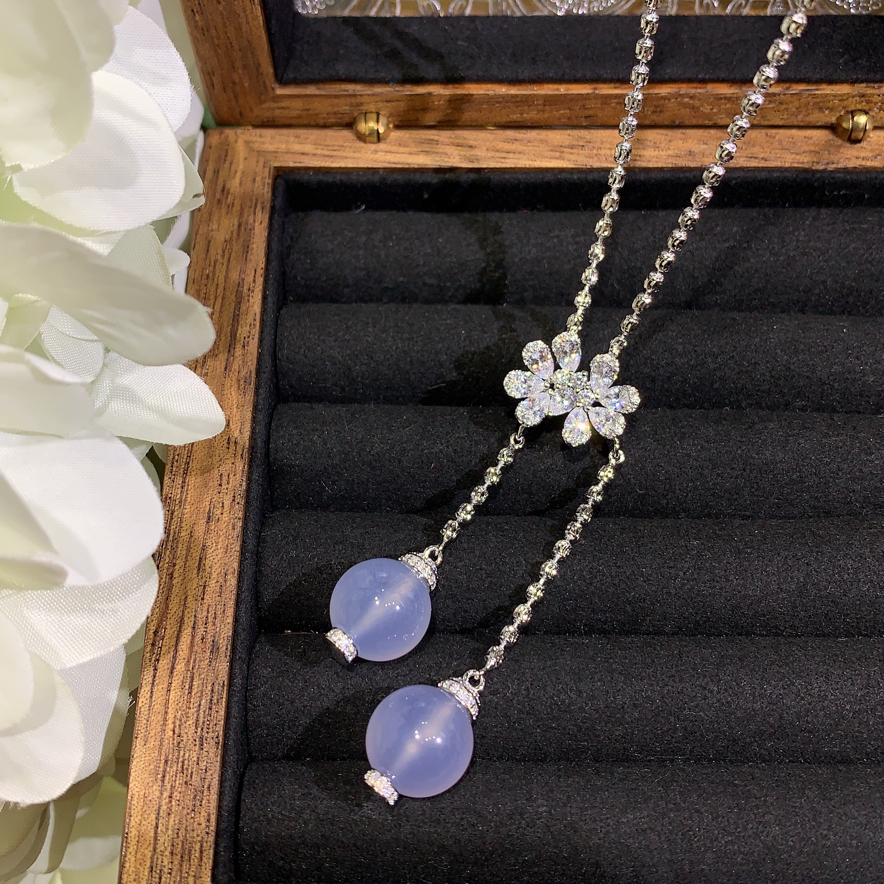 天然紫玉髓圆珠吊坠S925银镶流苏设计款日常温柔气质挂件送礼佳品