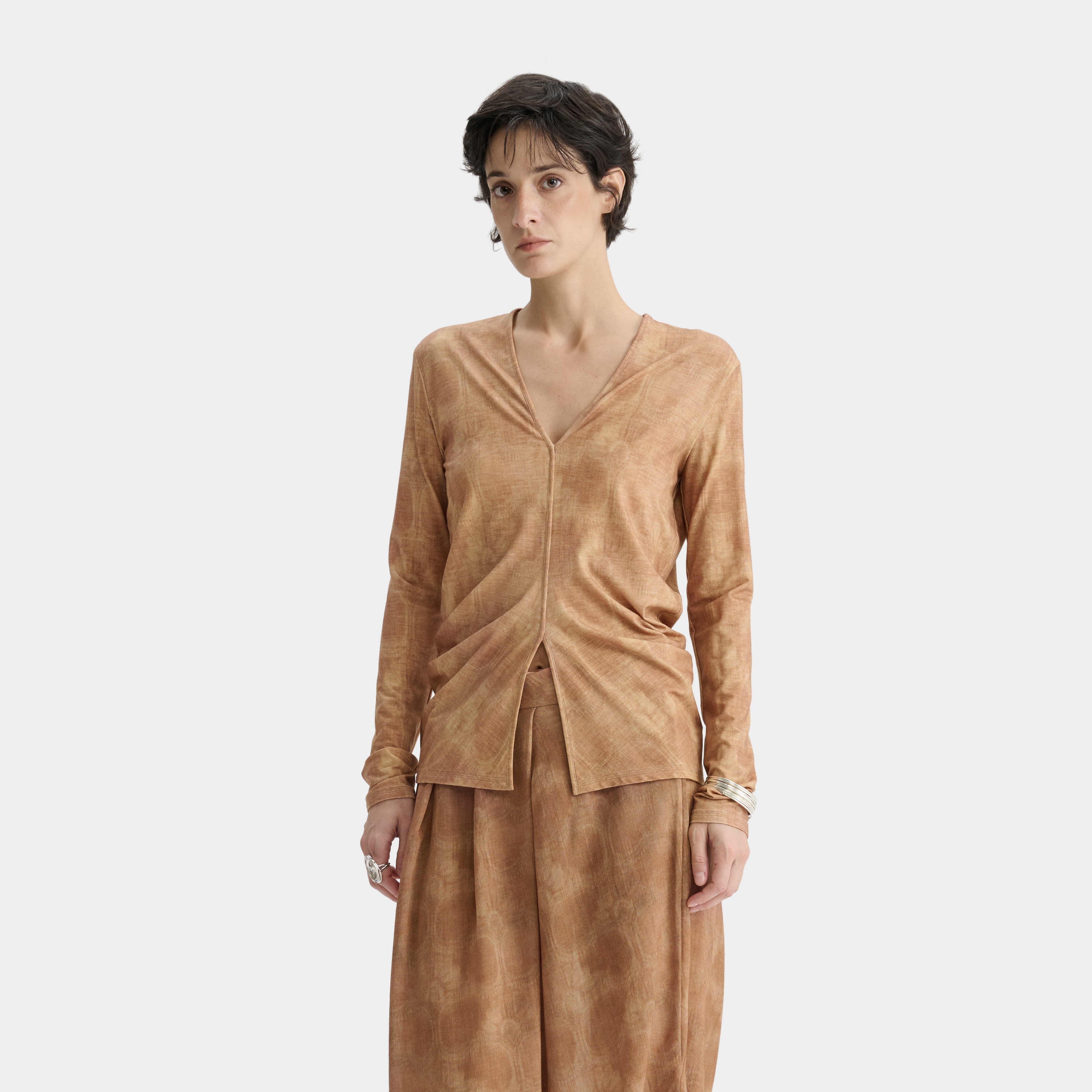 DEEPMOSS 印花褶裥弹力收腰上衣