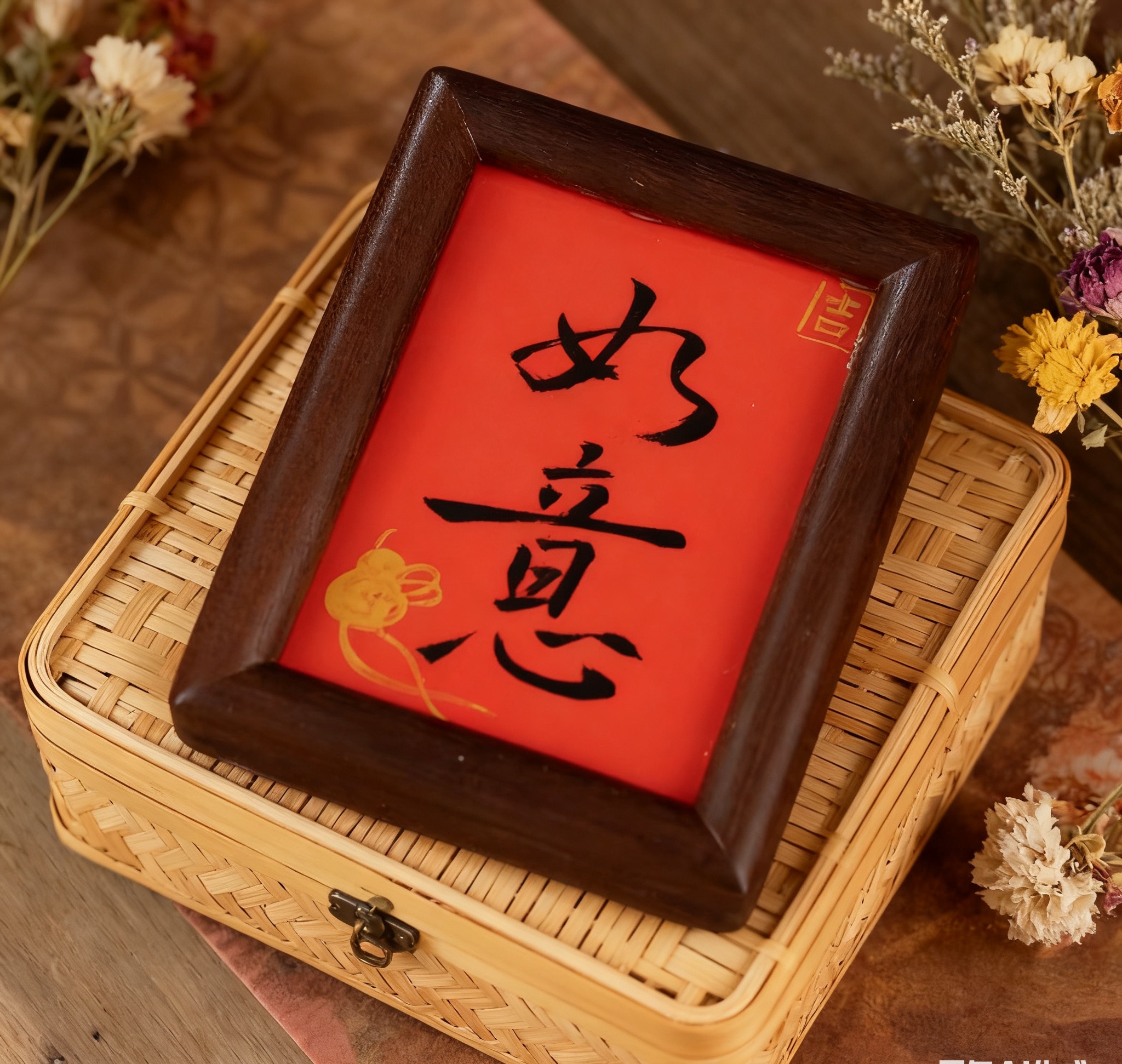 如意中国红喜庆风格手工实木框榫卯瓷板画可作客厅办公桌摆件