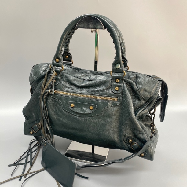 95新 Balenciaga/巴黎世家 复古绿枪钉中号机车单肩斜挎包 123692