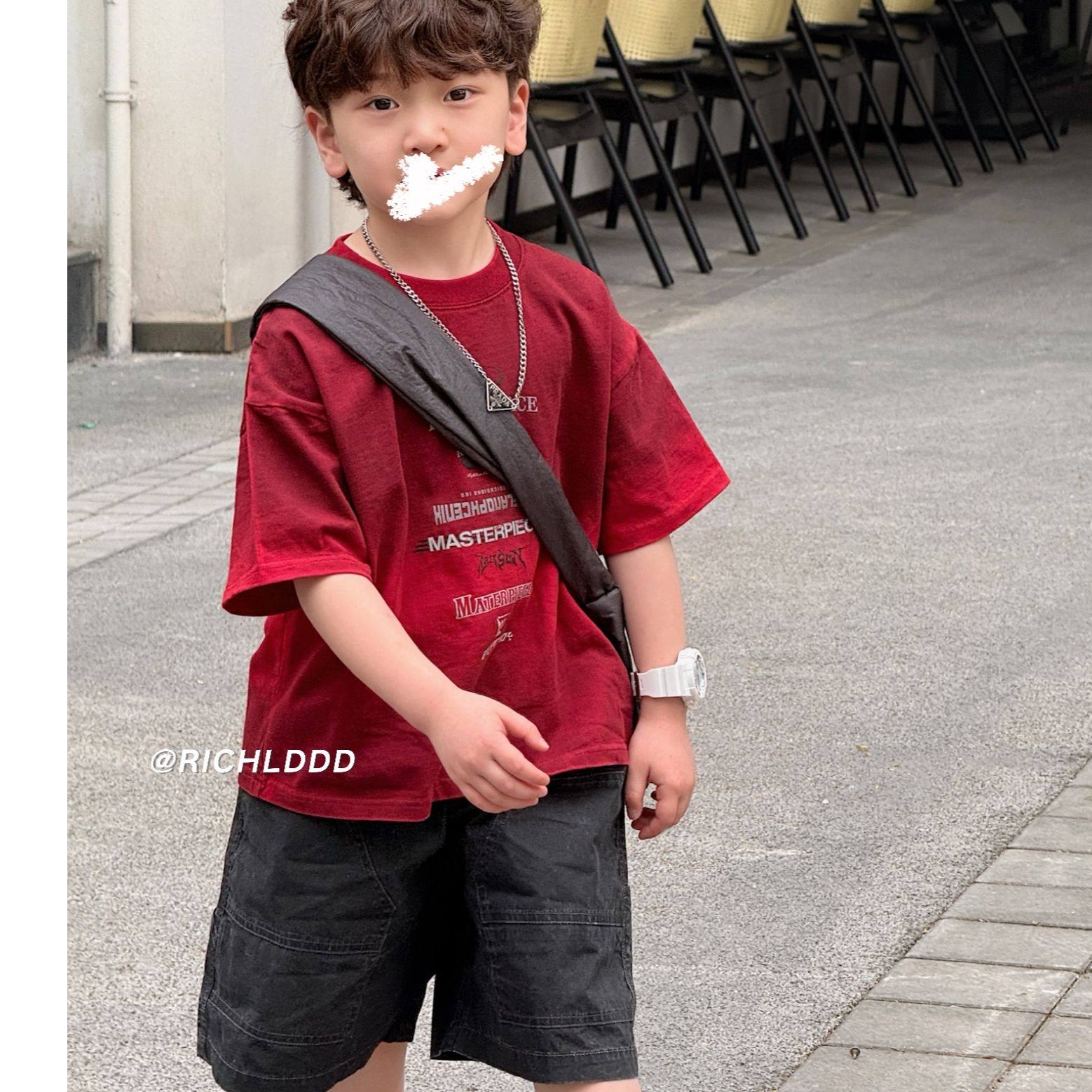 特价No退换：复古酱果/喷色做旧红色高定短袖男女童