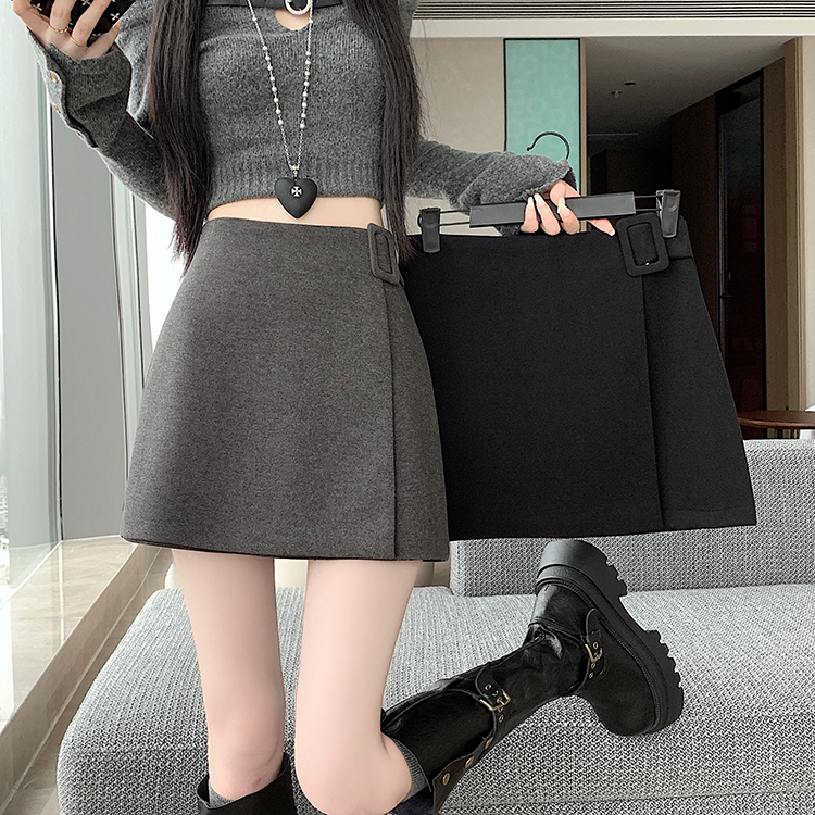 毛呢不规则短裙女秋冬款侧面腰带设计感高腰显瘦防走光A字半身裙