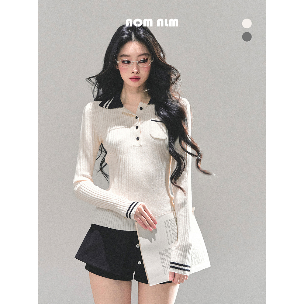 AOMALM少也眼"温蒂的信"美式长袖polo领针织衫T恤女秋冬显瘦上衣