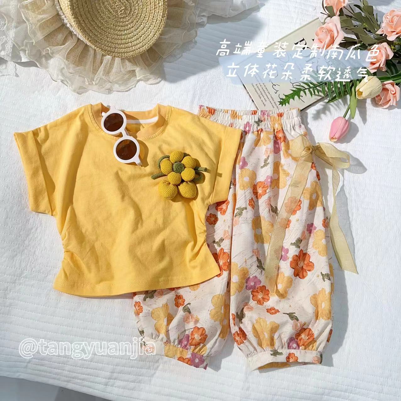汤圆家童装2025夏季新款韩系花朵捏褶百搭灯笼裤套装 YA-1645