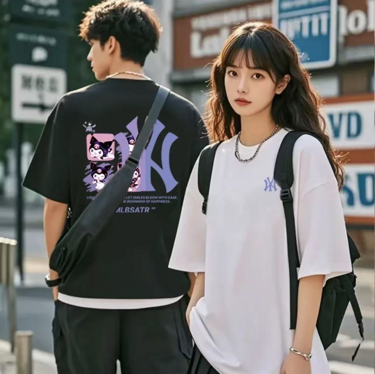 夏季短袖男女休闲上衣透气时尚百搭圆领印花T恤 紫W