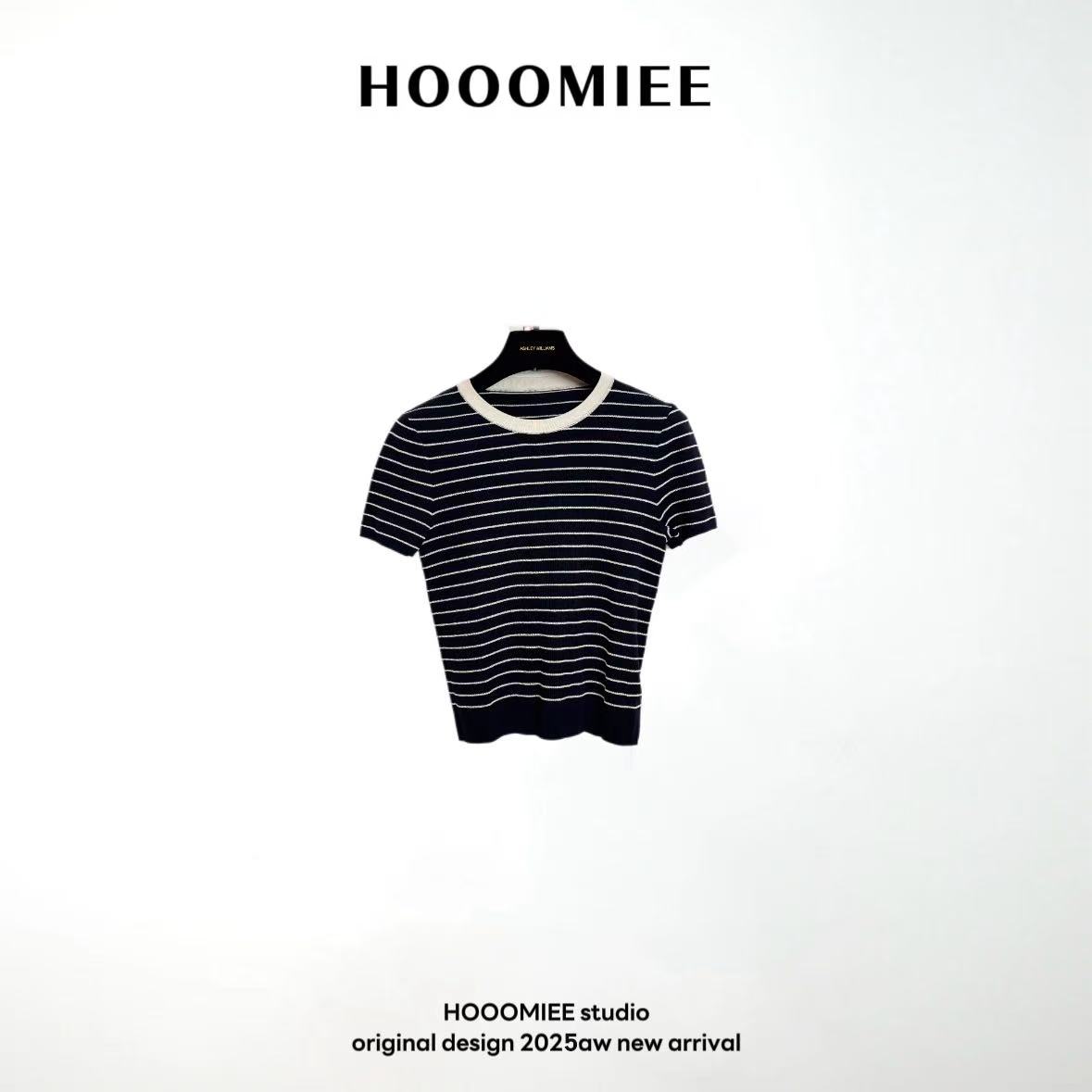 Hooomiee夏季女士潮搭条纹圆领针织衫套头街头休闲短袖ML25052