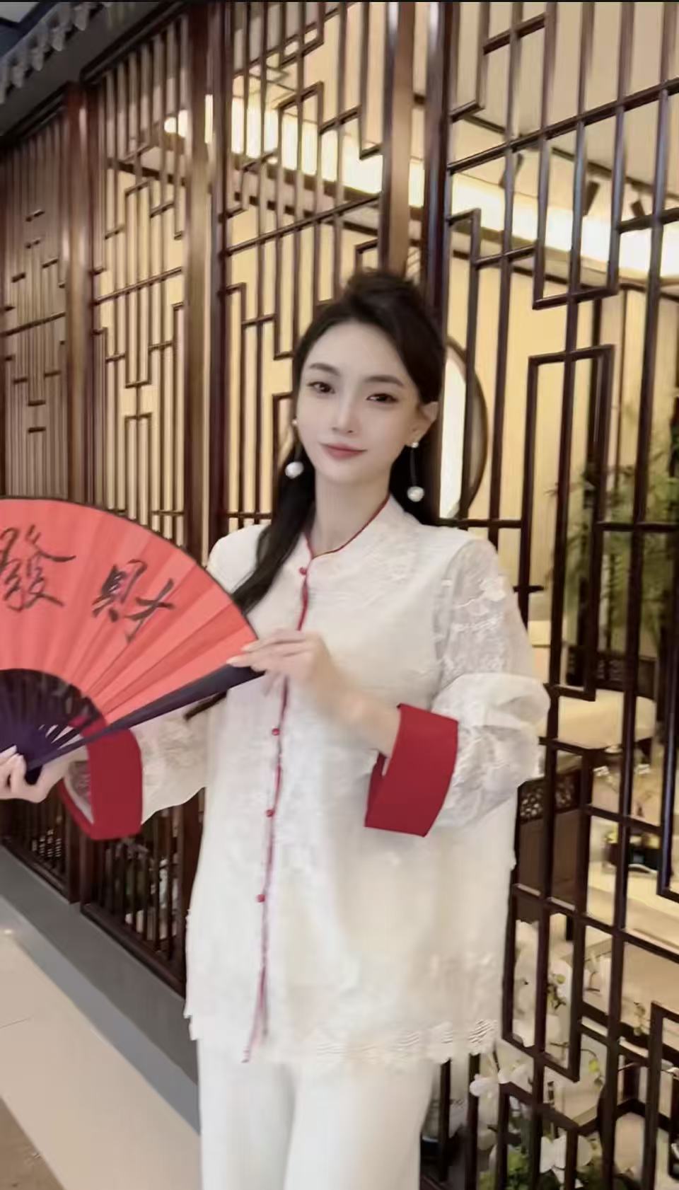 大码女装2651*时尚气质中式国风蕾丝刺绣长袖百搭衬衫衬衣上衣