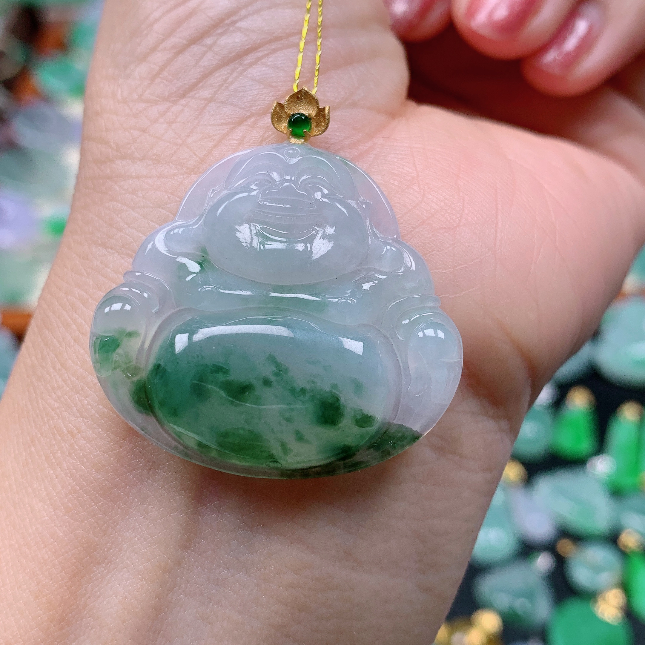 缅甸天然A货翡翠，冰飘花佛公 编号10/1017尺31-34.6-5.6