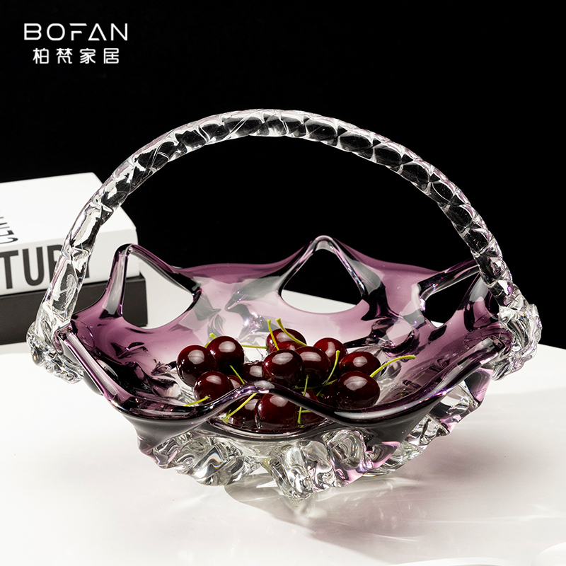 bofan/柏梵琉璃紫色创意镂空手提篮水果盘轻奢家居艺术果盘装饰品