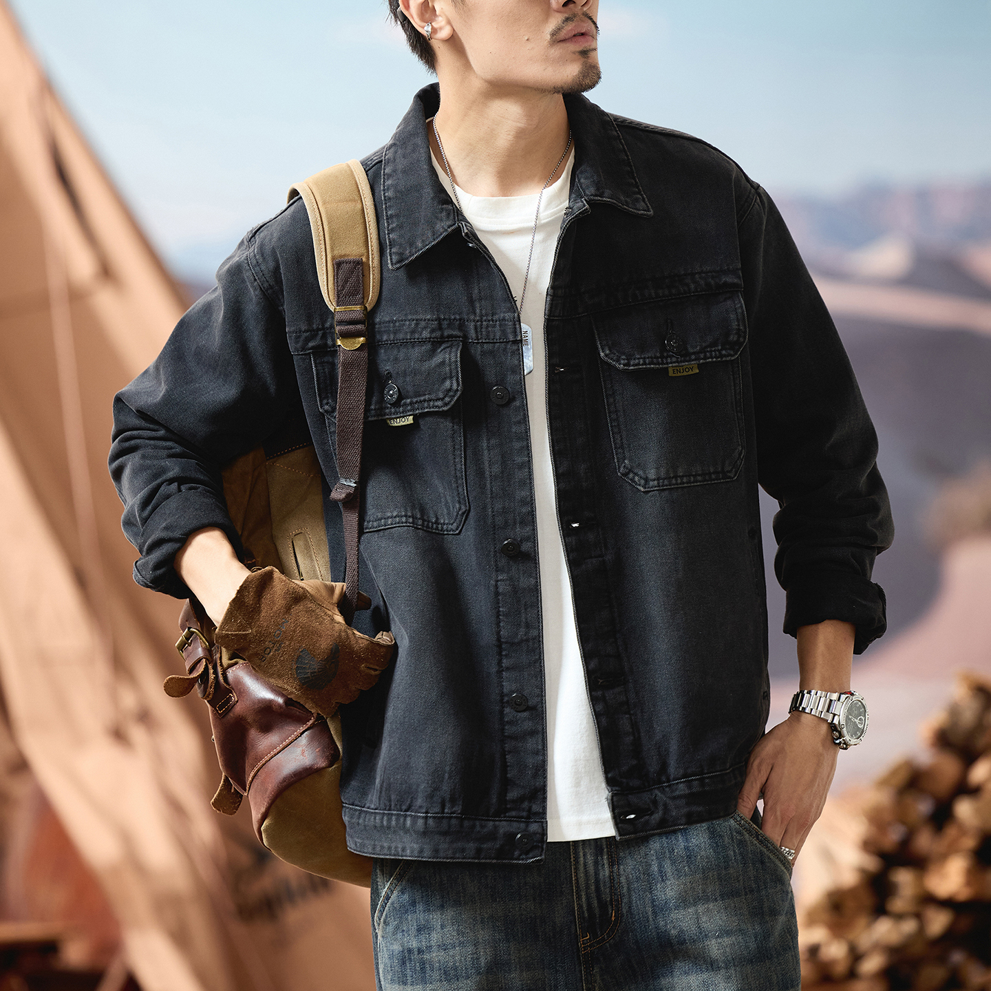 简约时尚百搭男装男款牛仔外套耐磨复古夹克潮流男士日系欧美风