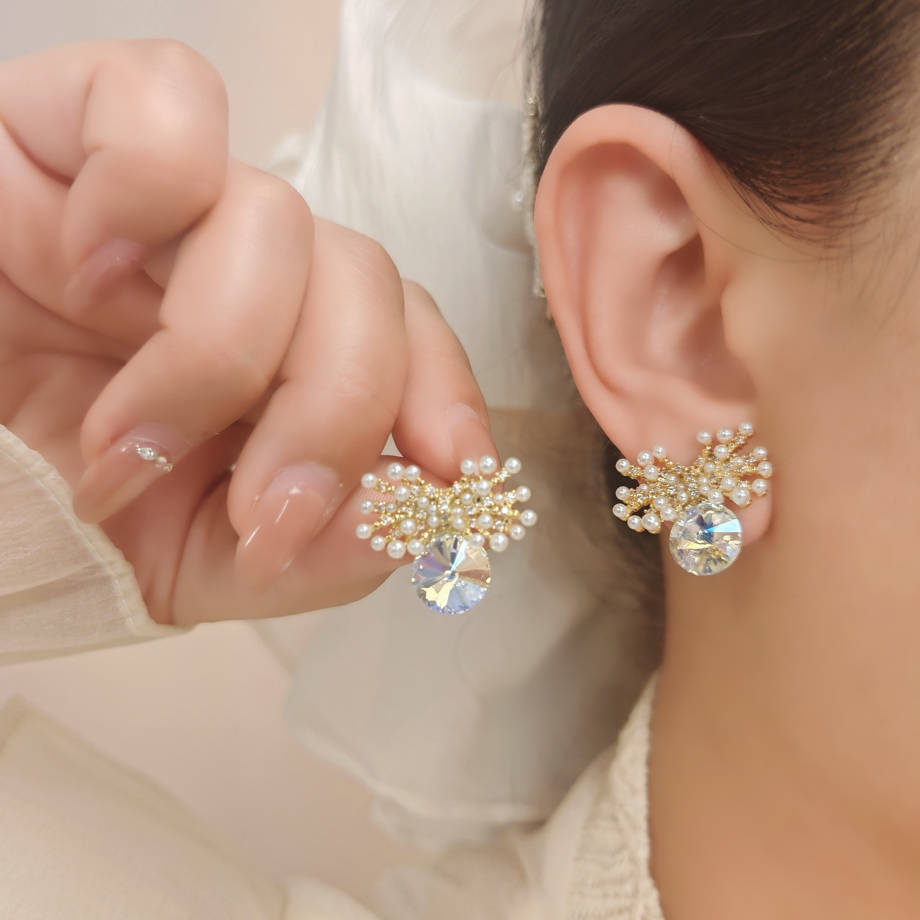 铜合金锆石耳饰 S&L15小众设计感法式经典小米珠锆石耳钉款甜美